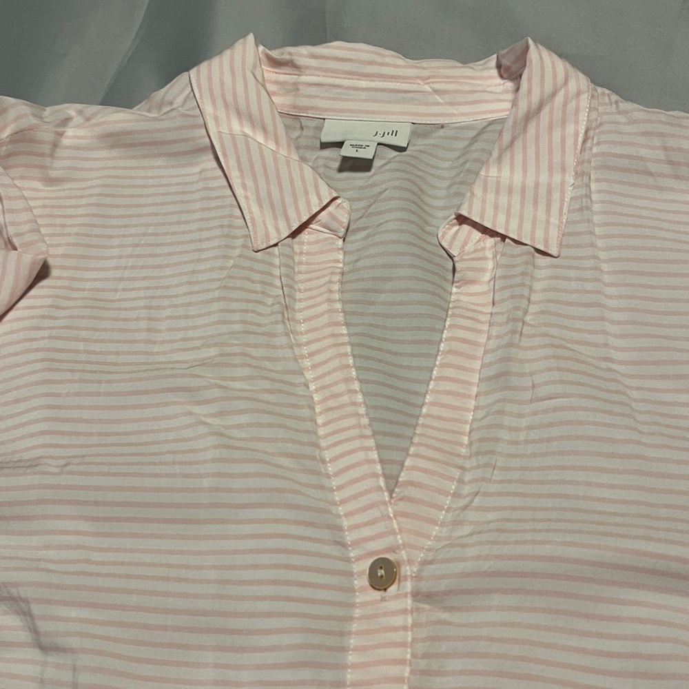 J. JILL Blouse Size Large Button Down Long Sleeve Pink White Stripe Women’s Top - Picture 6 of 10